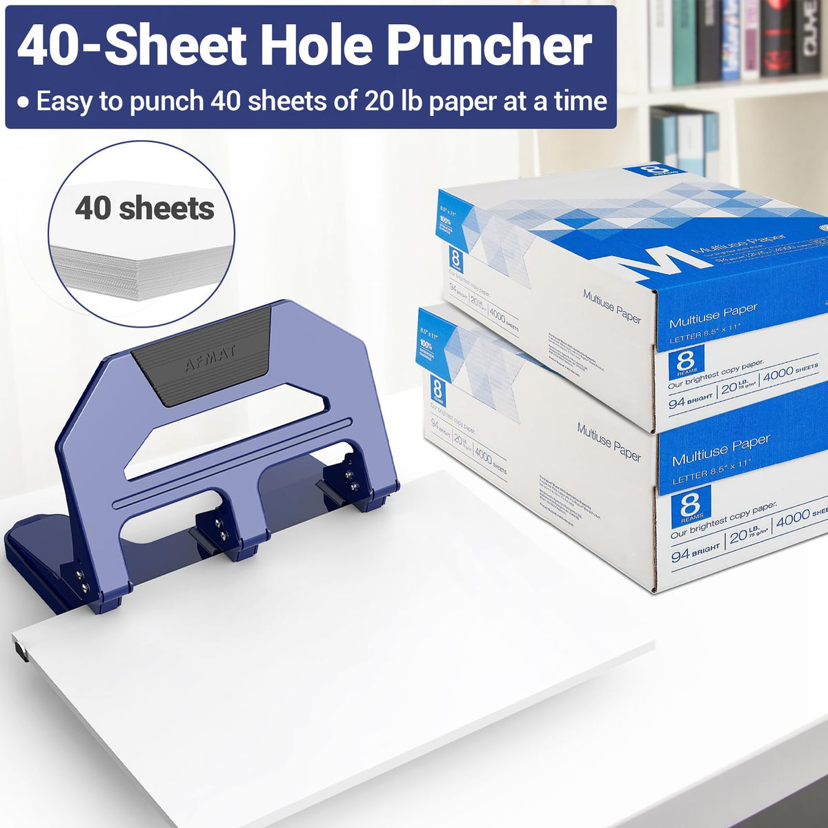 AFMAT 3-Hole Punch side view with lever emphasizes ergonomic use