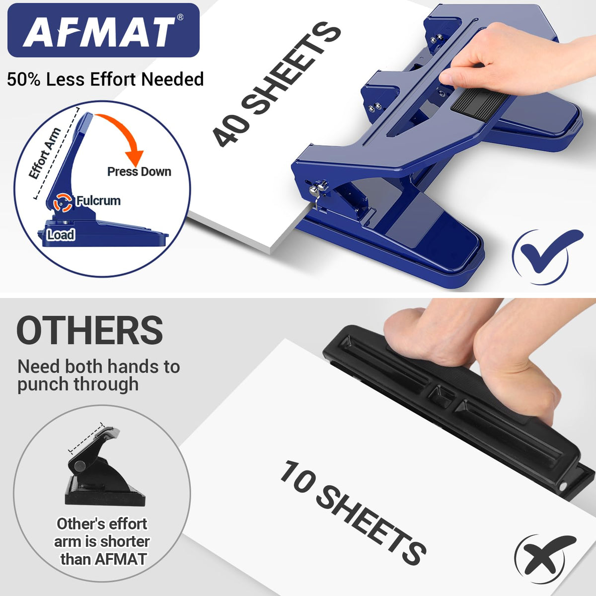 AFMAT 3-Hole Punch top view shows long lever for reduced effort