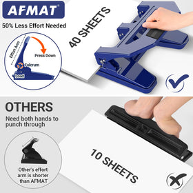 AFMAT 3-Hole Punch top view shows long lever for reduced effort