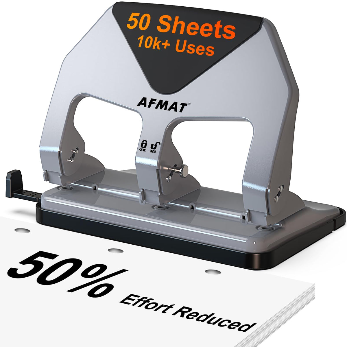 AFMAT 3-hole punch lever shows ergonomic handle for easy binding