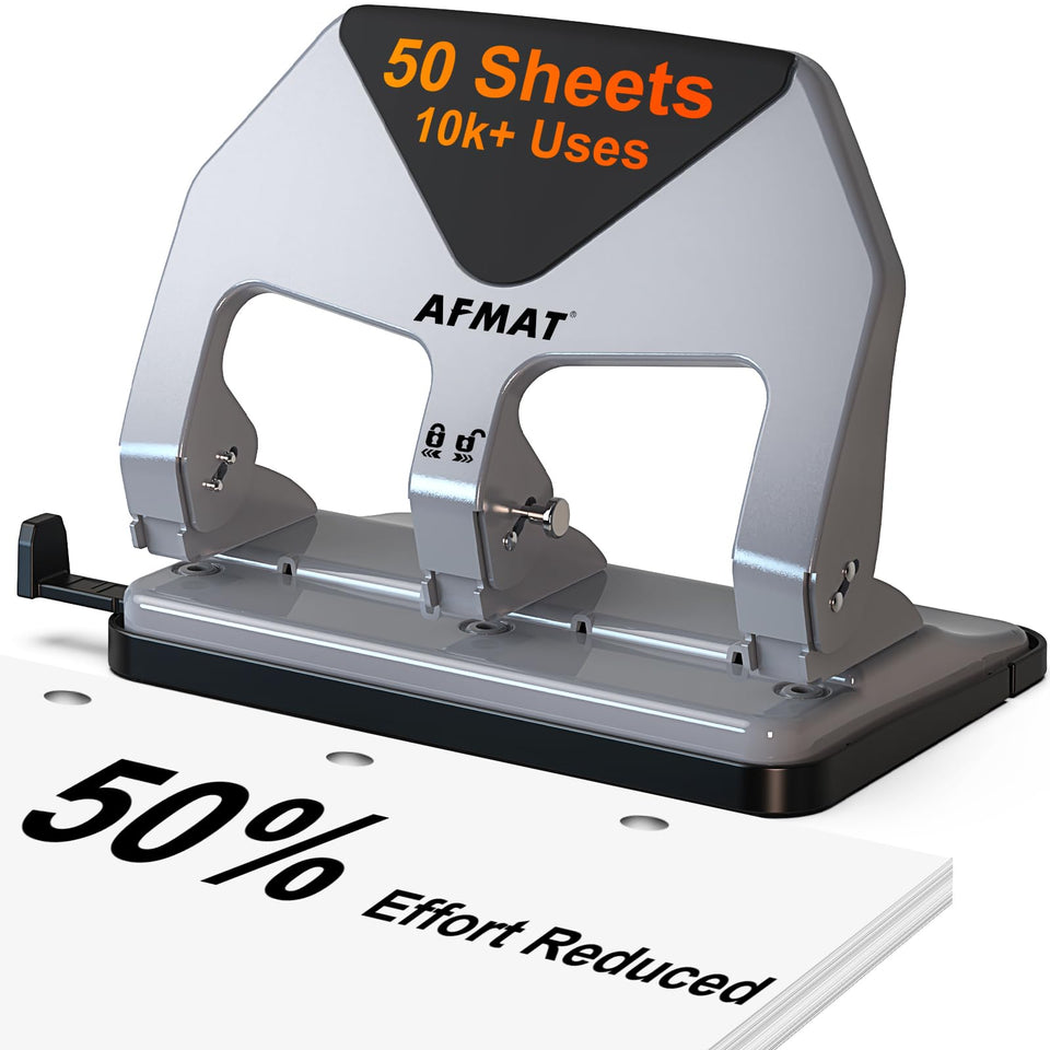 AFMAT 3-hole punch lever shows ergonomic handle for easy binding