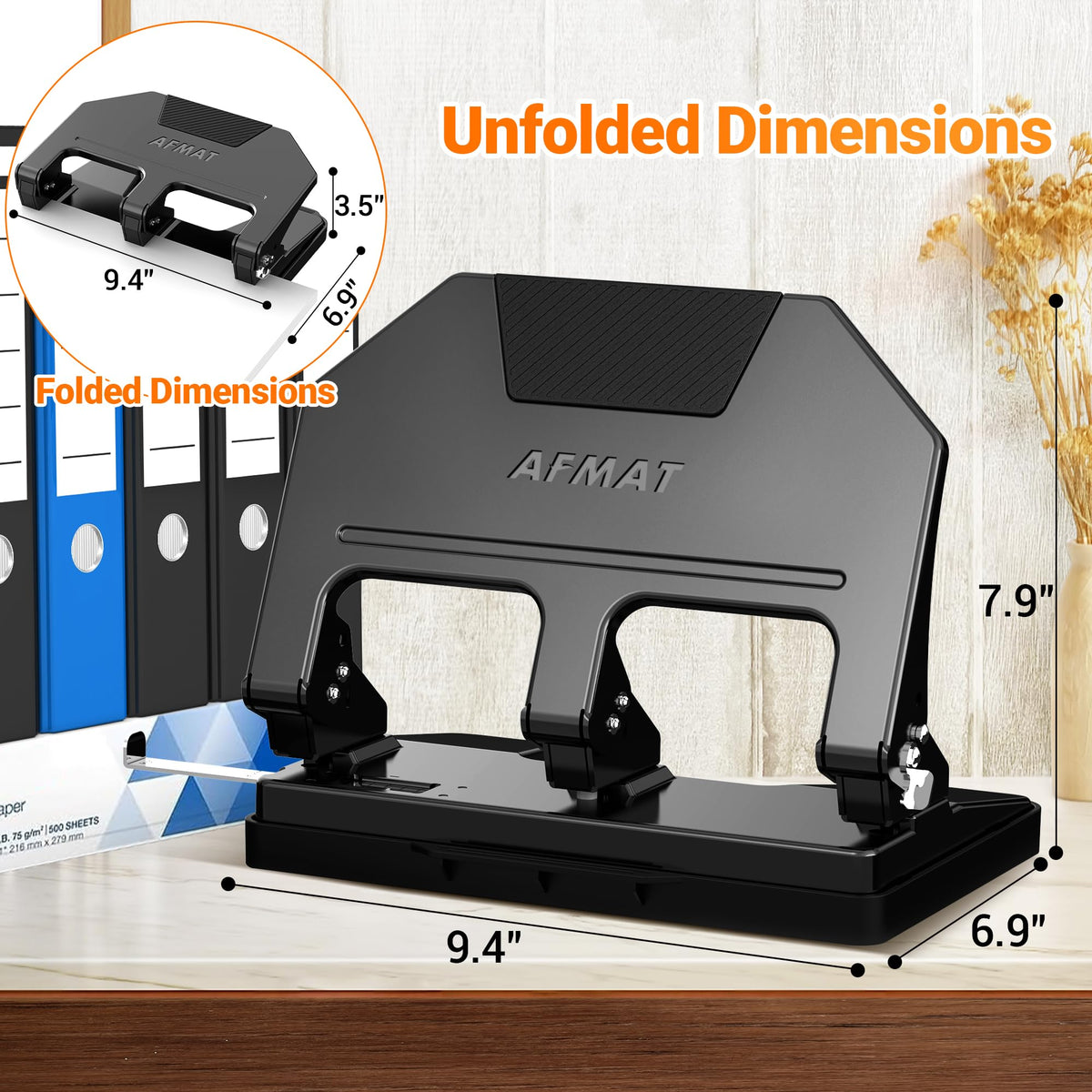AFMAT 3-hole punch in office environment for binder organization and efficiency.