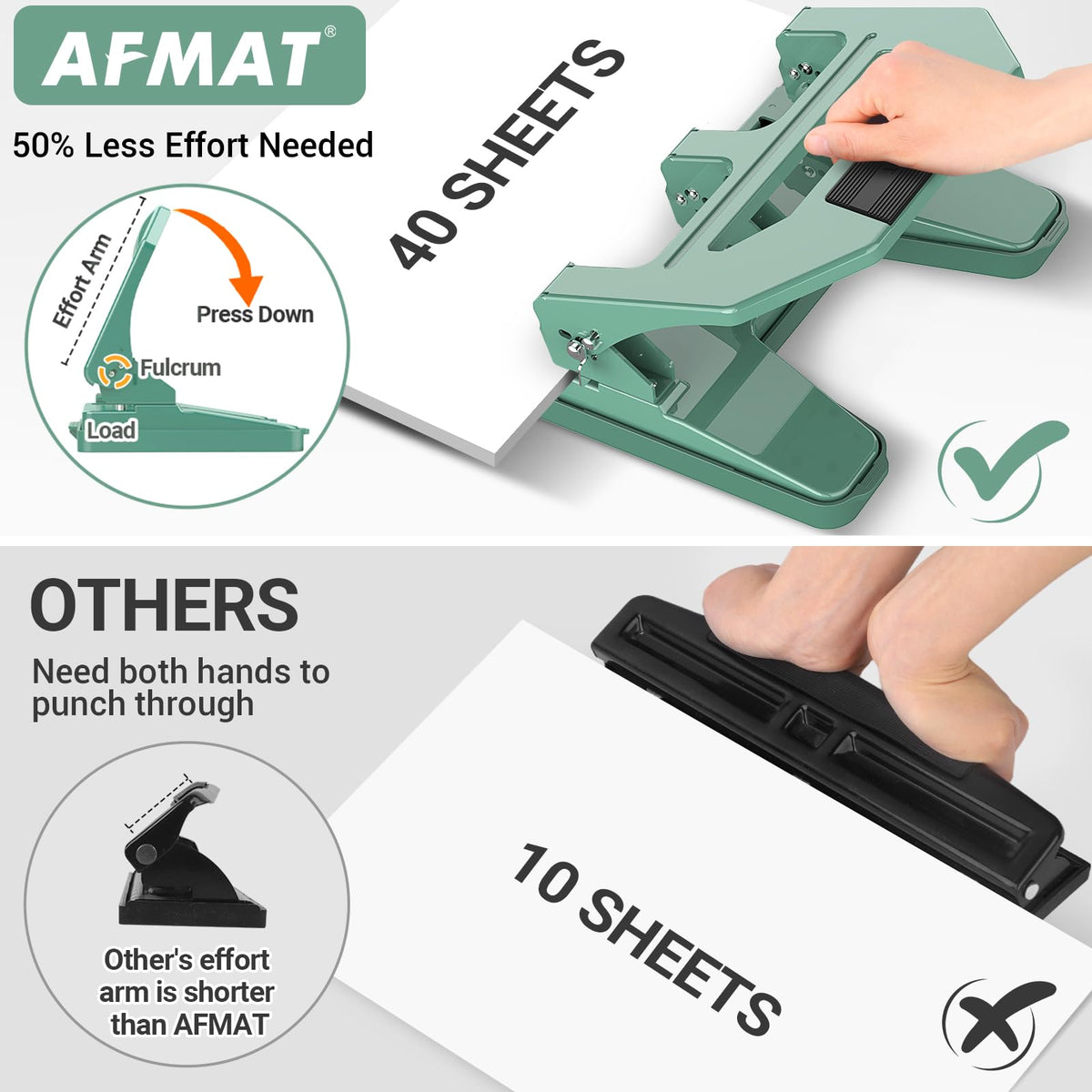 AFMAT 3-hole puncher loading papers, enabling smooth operation for thick stacks