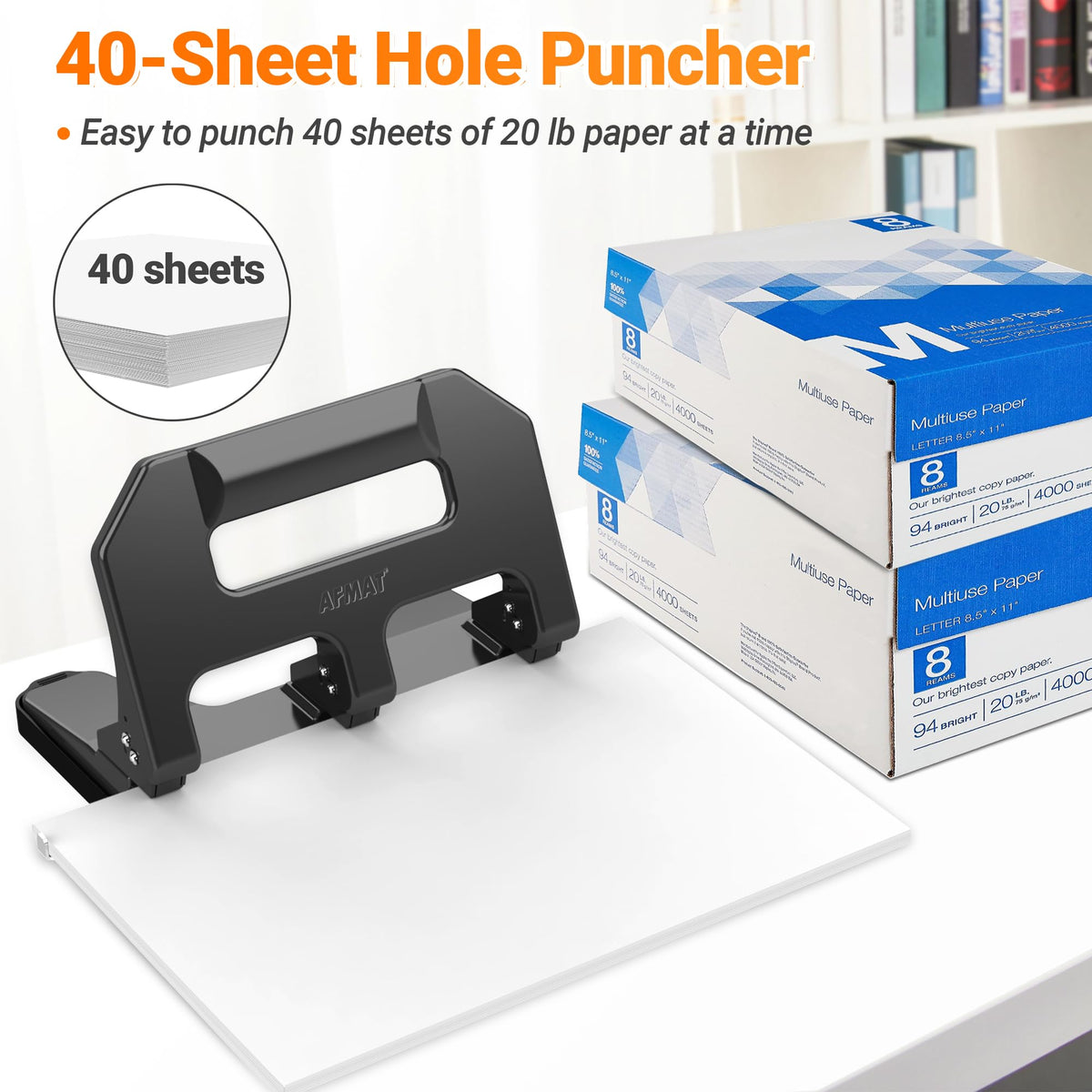 AFMAT 40-sheet capacity enables efficient high-volume document punching.