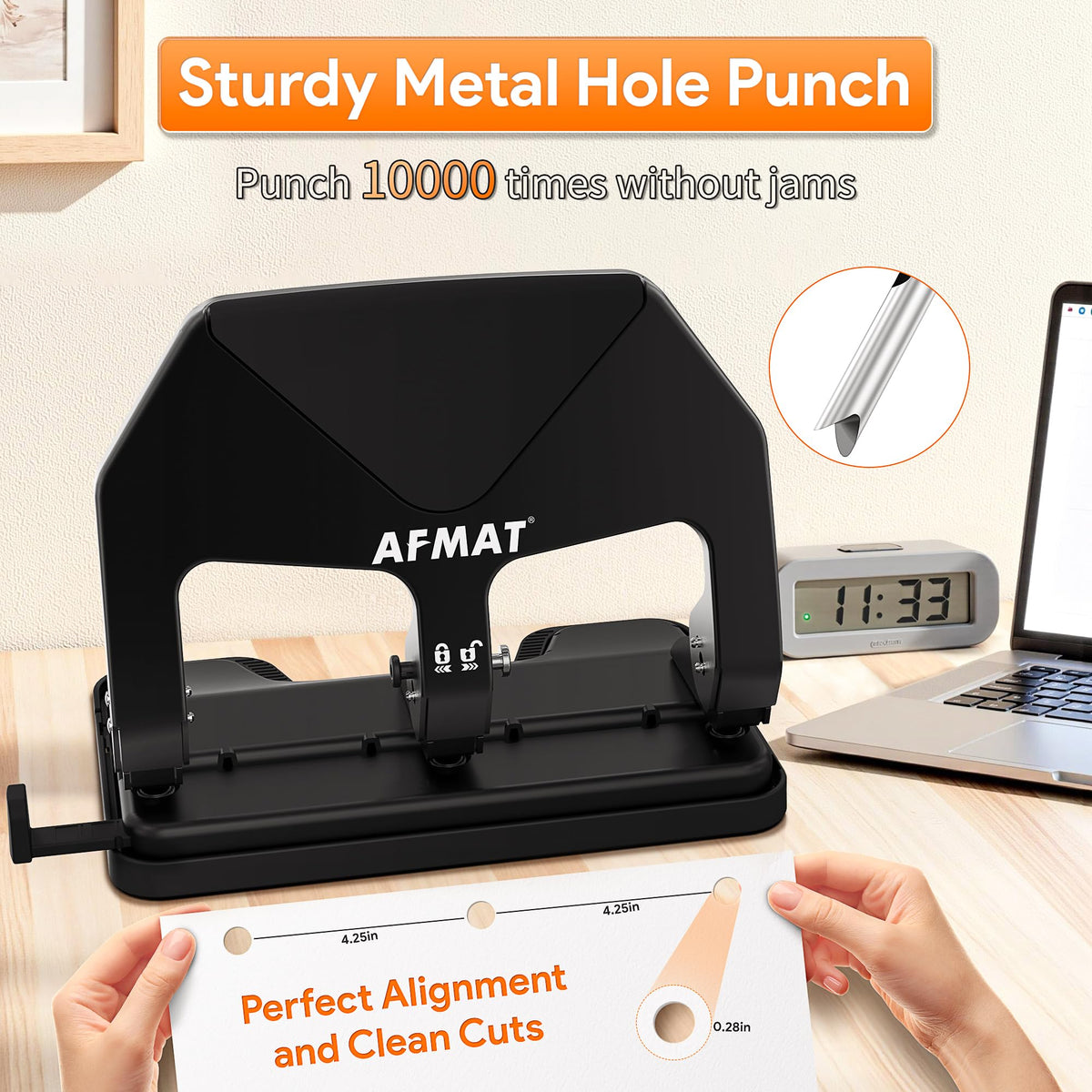 AFMAT adjustable-paper-guide keeps holes aligned for consistent results.