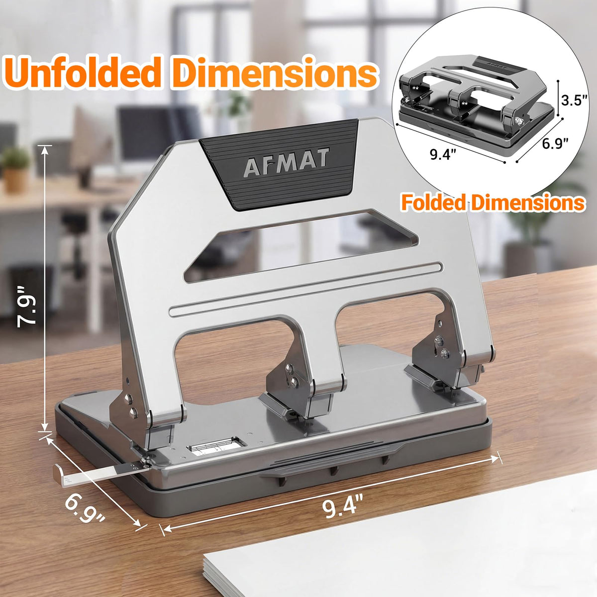 AFMAT compact gray 3-hole punch fits on a busy desk