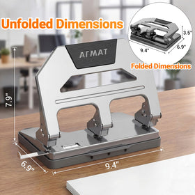 AFMAT compact gray 3-hole punch fits on a busy desk