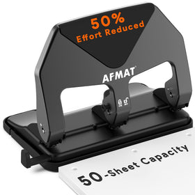 AFMAT heavy-duty 3-hole punch with 50-sheet capacity for efficient classroom use.