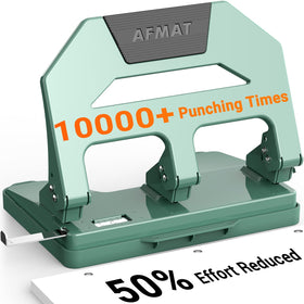 AFMAT heavy-duty 3-hole puncher, side view, designed for low-effort punching and durability