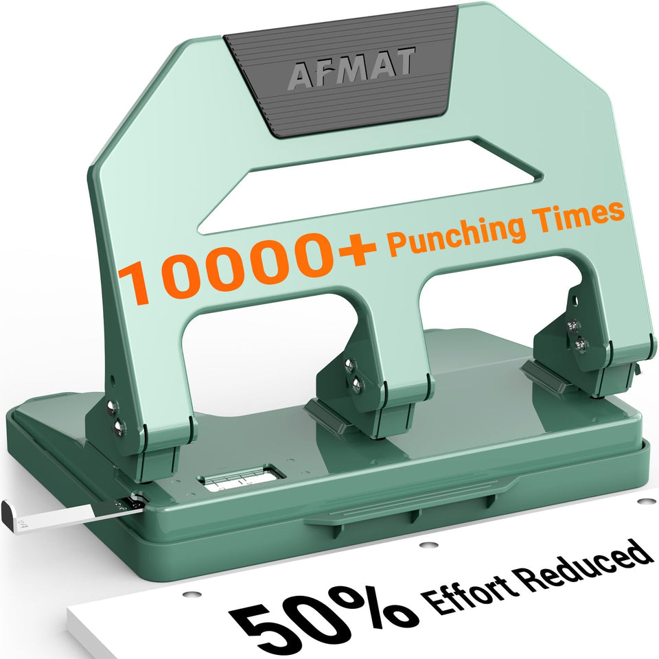 AFMAT heavy-duty 3-hole puncher, side view, designed for low-effort punching and durability
