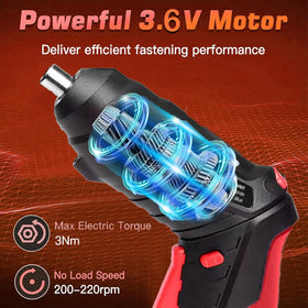 AFNZTME cordless screwdriver pivoting handle enables versatile inline or pistol-grip use.