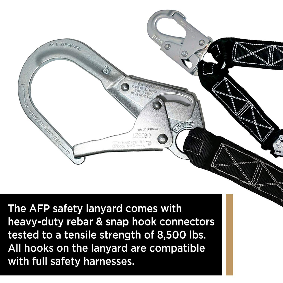 AFP 6ft double-leg lanyard 8500 lbs tensile strength for reliable support