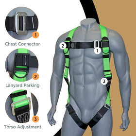AFP harness highlights reinforced webbing for durability in harsh job sites.