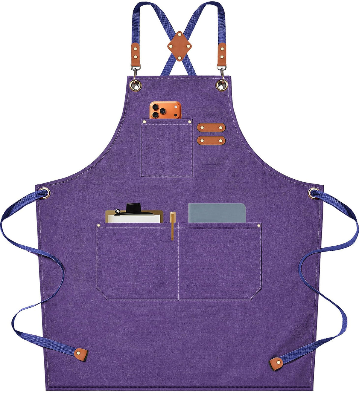 AFUN purple cross-back chef apron with oversized pockets for easy tool access.