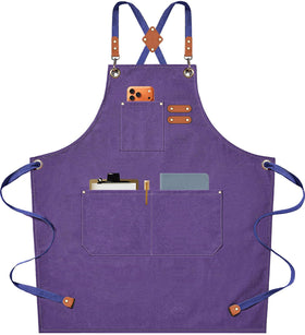 AFUN purple cross-back chef apron with oversized pockets for easy tool access.