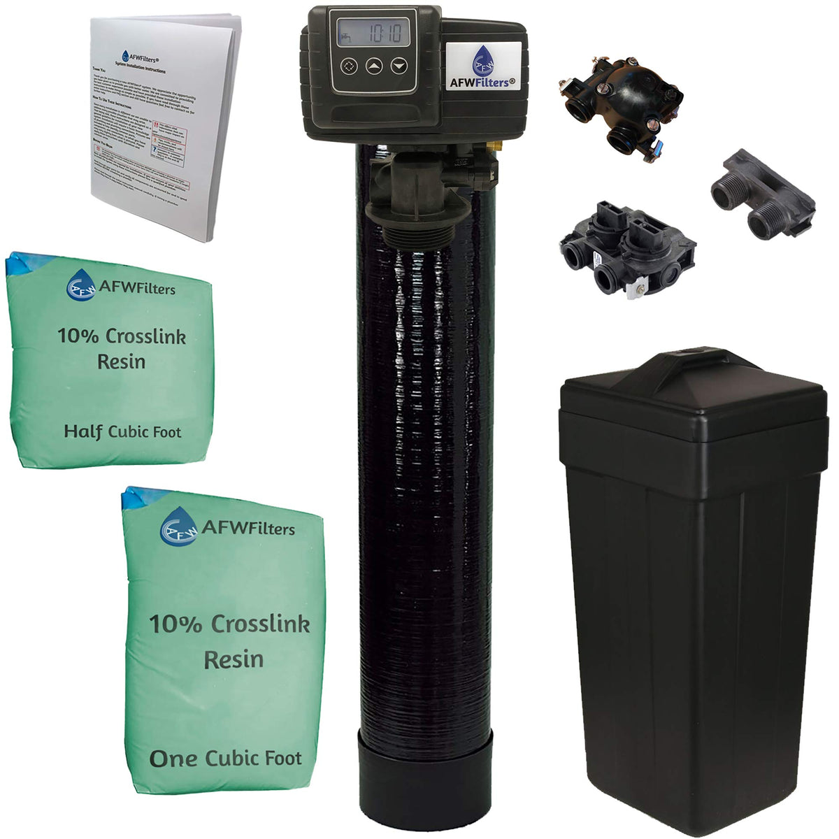 AFWFilters Fleck 5600 SXT system tank with resin for efficient home softening.