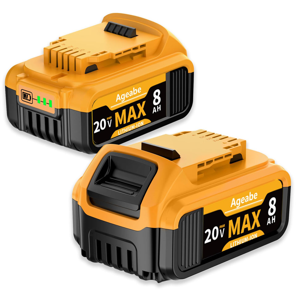 Ageabe 20V Max 8000mah battery front view powering Dewalt tools.