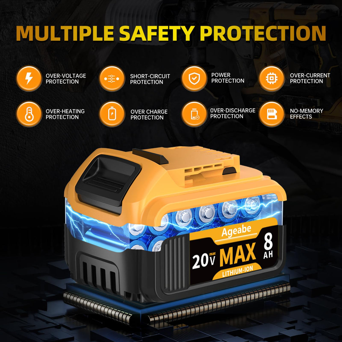 Ageabe battery compatible with DCB series for versatile Dewalt tool use.