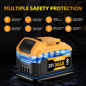 Ageabe battery compatible with DCB series for versatile Dewalt tool use.