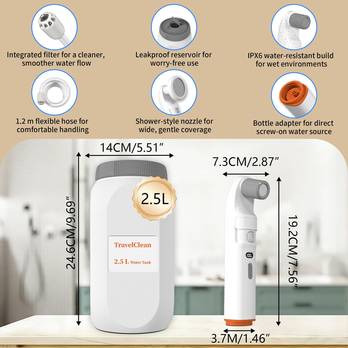 Ageroul bidet with 2.5L tank reduces refills during travel and stays leakproof.