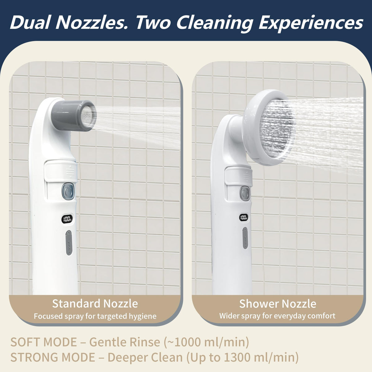 Ageroul jet-tip nozzle delivers a focused stream for deep cleansing when needed.