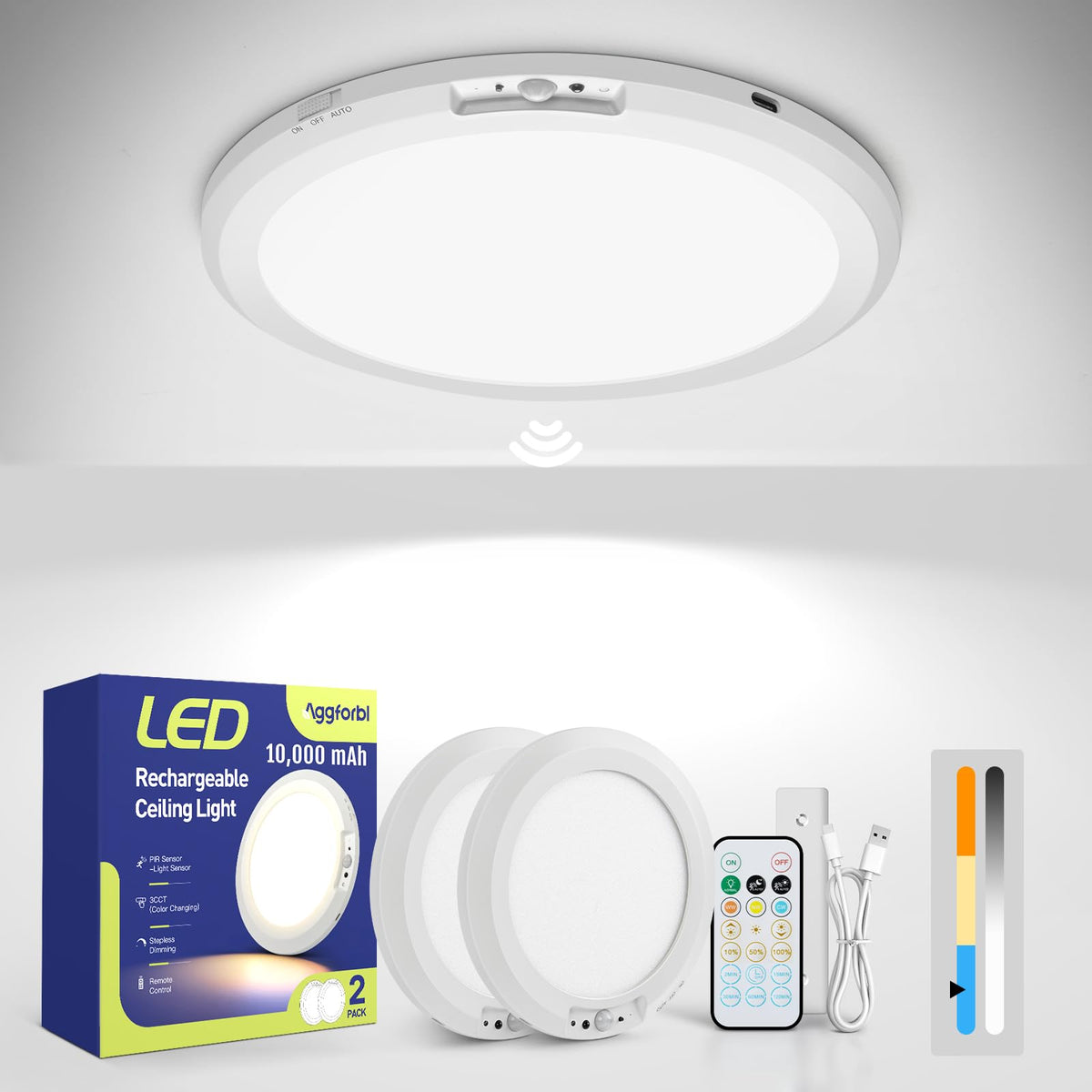 Aggforbl 2PCs rechargeable ceiling light delivers long-lasting wireless brightness for any room.