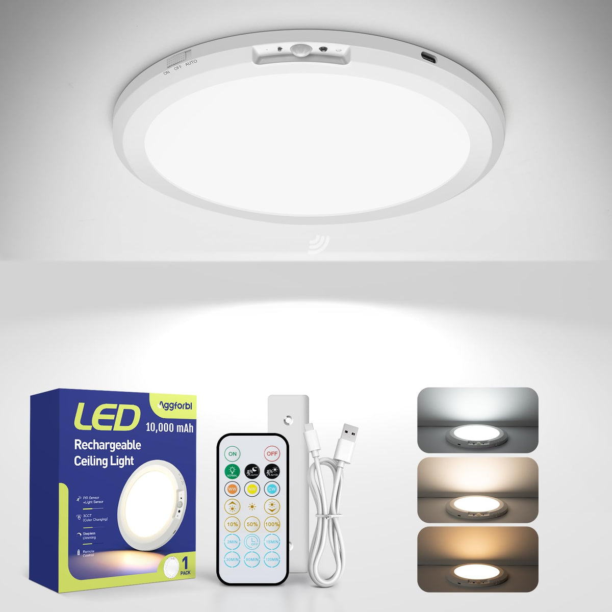 Aggforbl rechargeable ceiling light with remote for hands-free lighting.