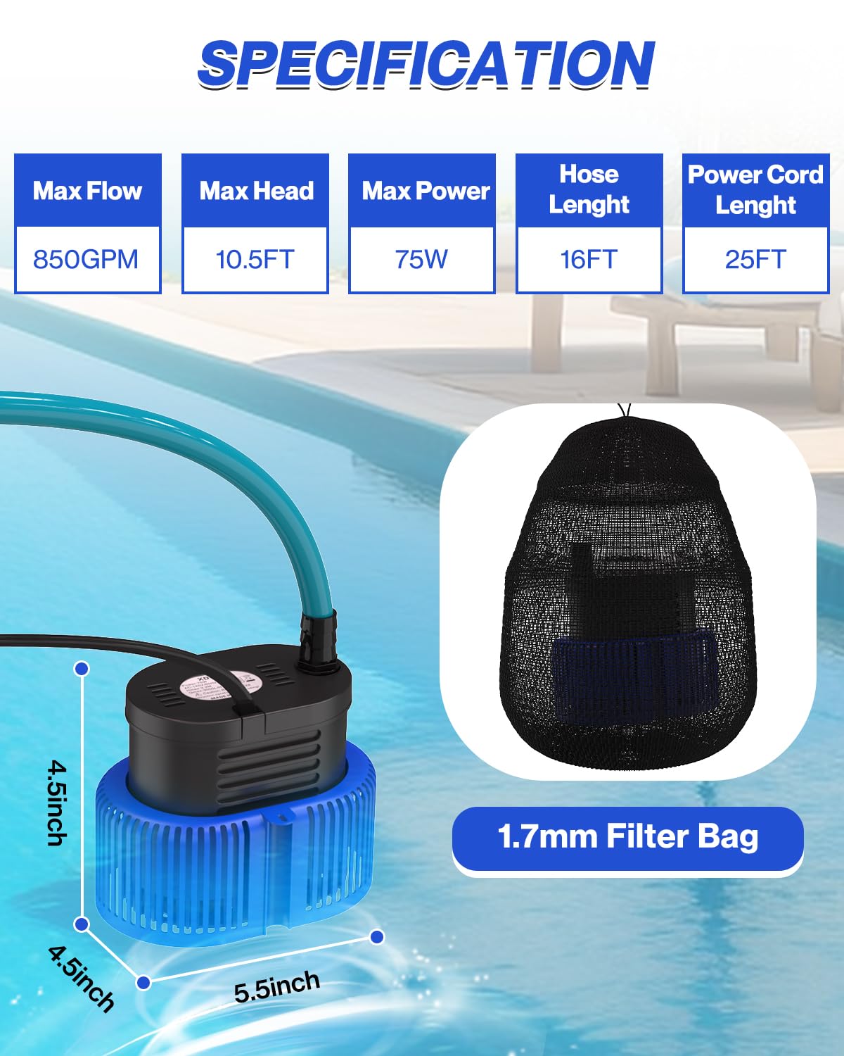 AgiiMan pool cover pump with 25 ft cord for flexible placement away from outlets.