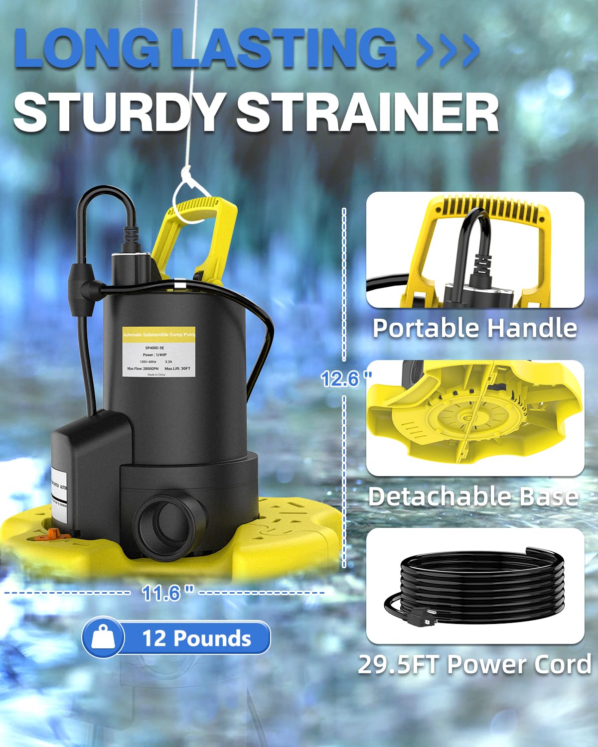 AgiiMan 33-foot cord offers extended reach for drainage tasks.