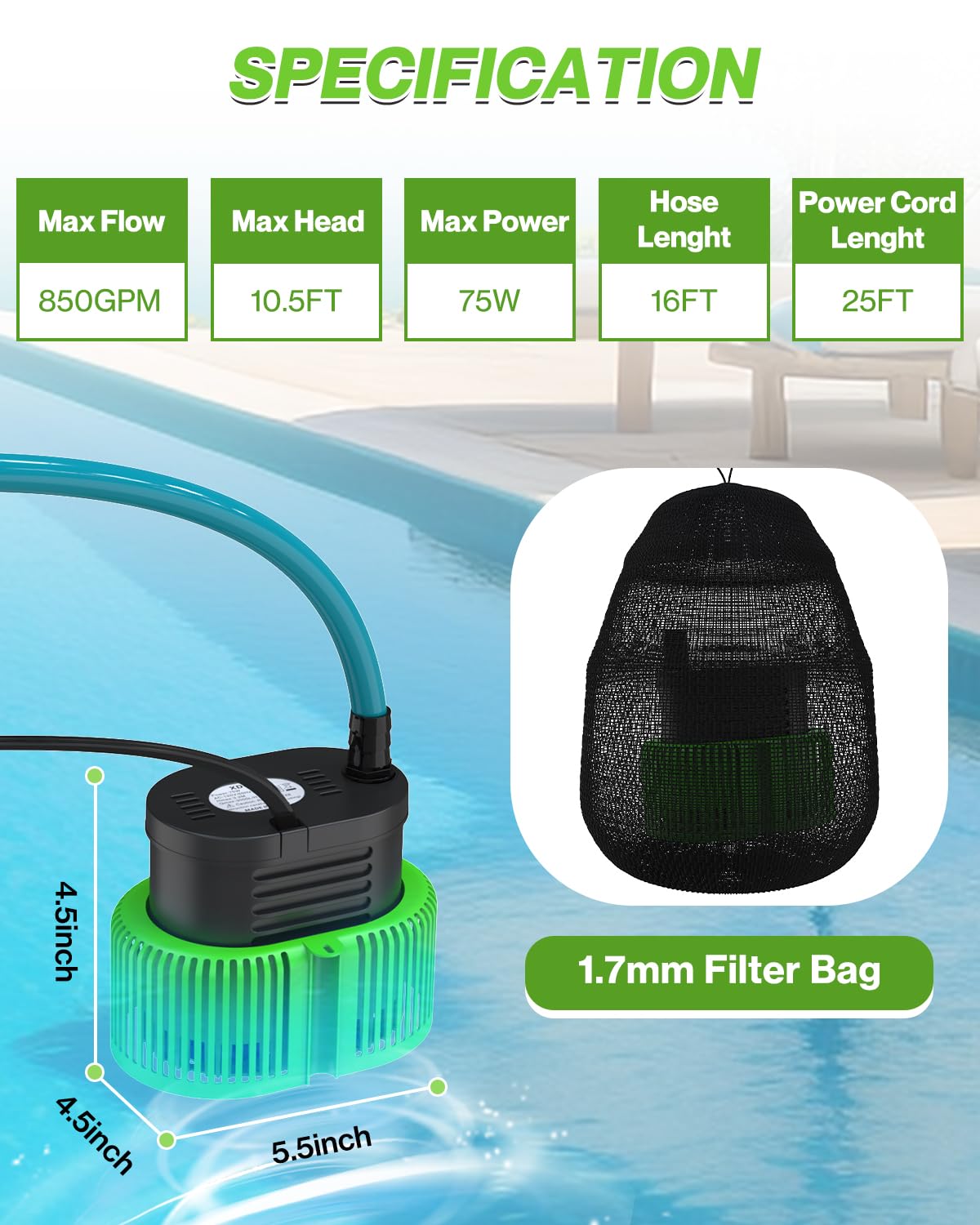 AgiiMan pool cover pump, drainage-hose 16ft, flexible setup for various depths.