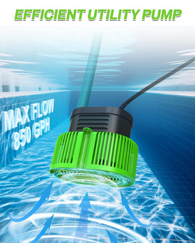AgiiMan pool cover pump, side view, quick drainage with durable ABS shell.