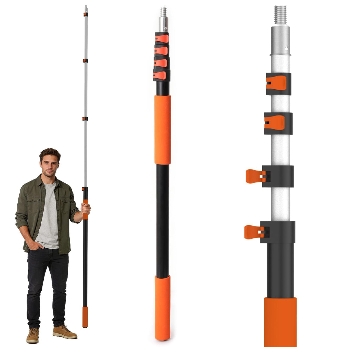 AgiiMan 26FT reach pole extended with flip-lock enables easy high-angle dusting and painting