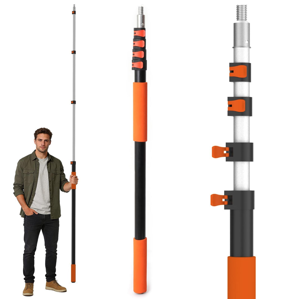 AgiiMan 26FT reach pole extended with flip-lock enables easy high-angle dusting and painting