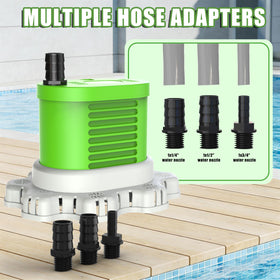 AgiiMan pool-cover-pump-3-adapters image highlights flexible hose connections.