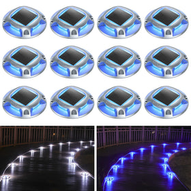 AGPTEK solar driveway light in blue mode enhances nighttime boundary visibility.