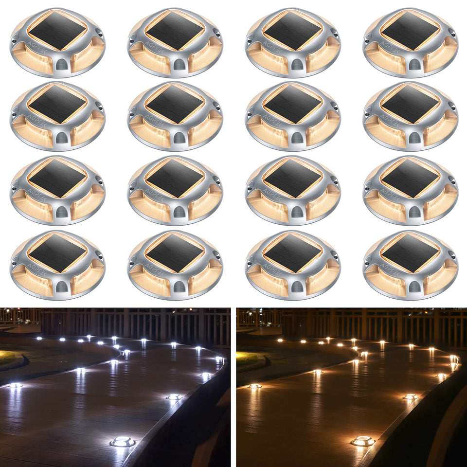 AGPTEK solar driveway lights 16-pack illuminate paths with warm and cool color options.