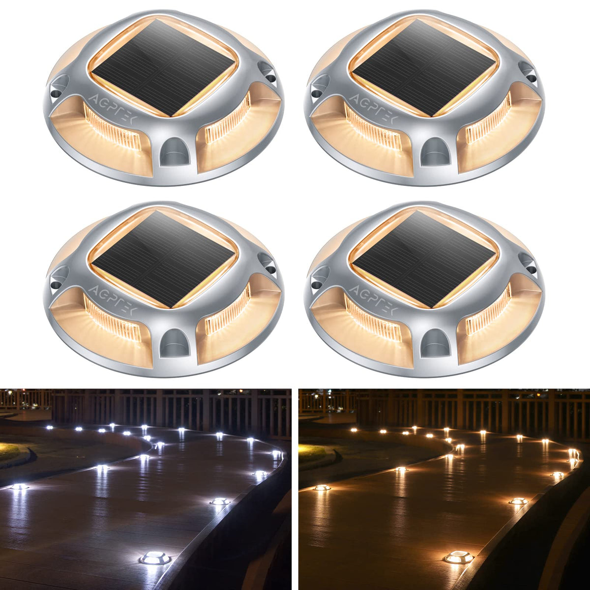 AGPTEK Solar Driveway Lights 4-pack illuminate outdoor walkways for safe nighttime guidance.