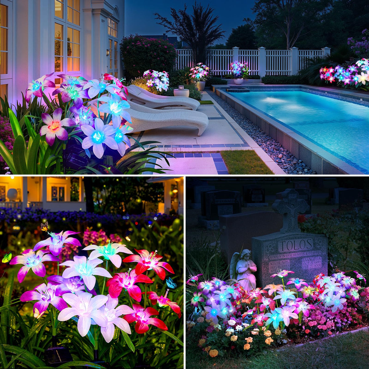 7 color-changing Lily lights brightening a patio during evening