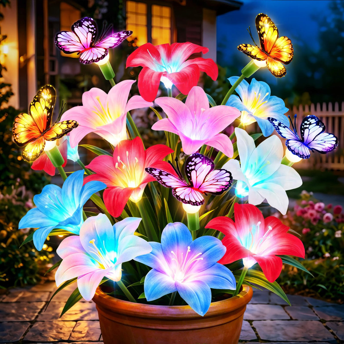 Ahaorigin solar lily flowers with butterfly glow enhancing dusk garden ambiance