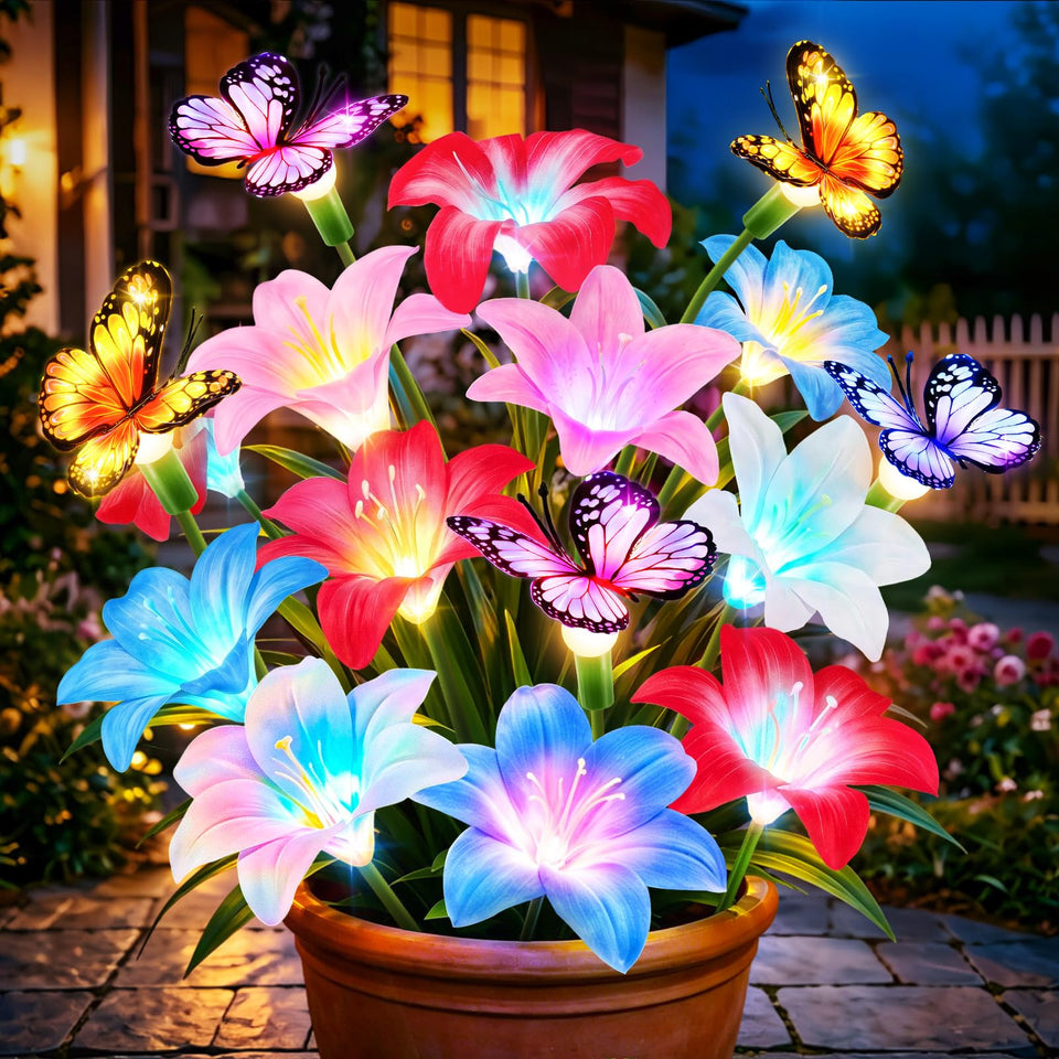 Ahaorigin solar lily flowers with butterfly glow enhancing dusk garden ambiance