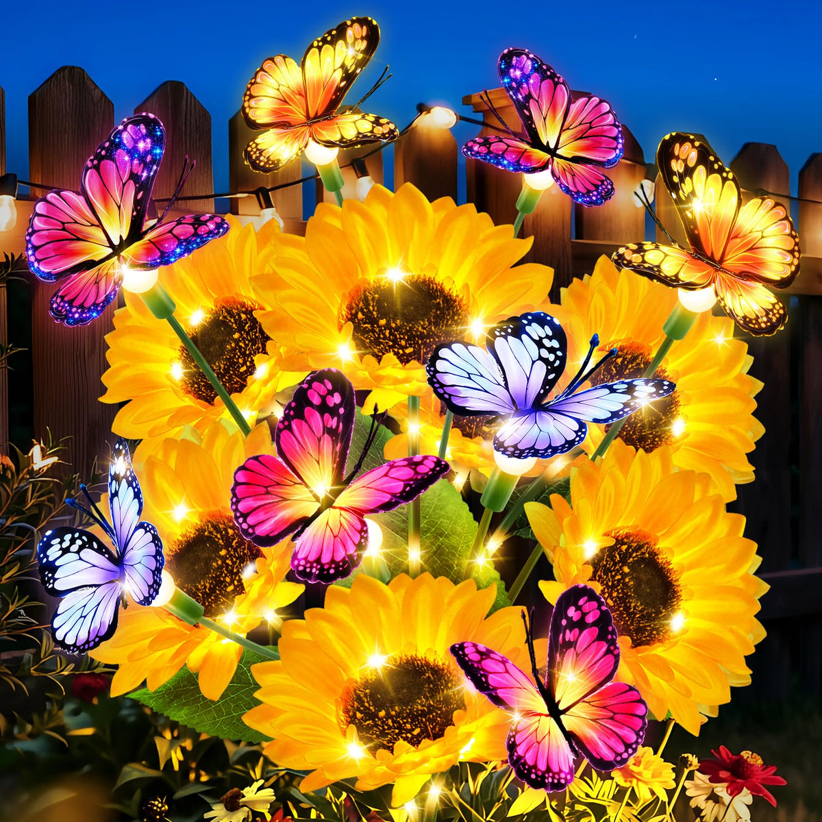 Ahaorigin solar sunflowers with butterflies brighten the garden at dusk