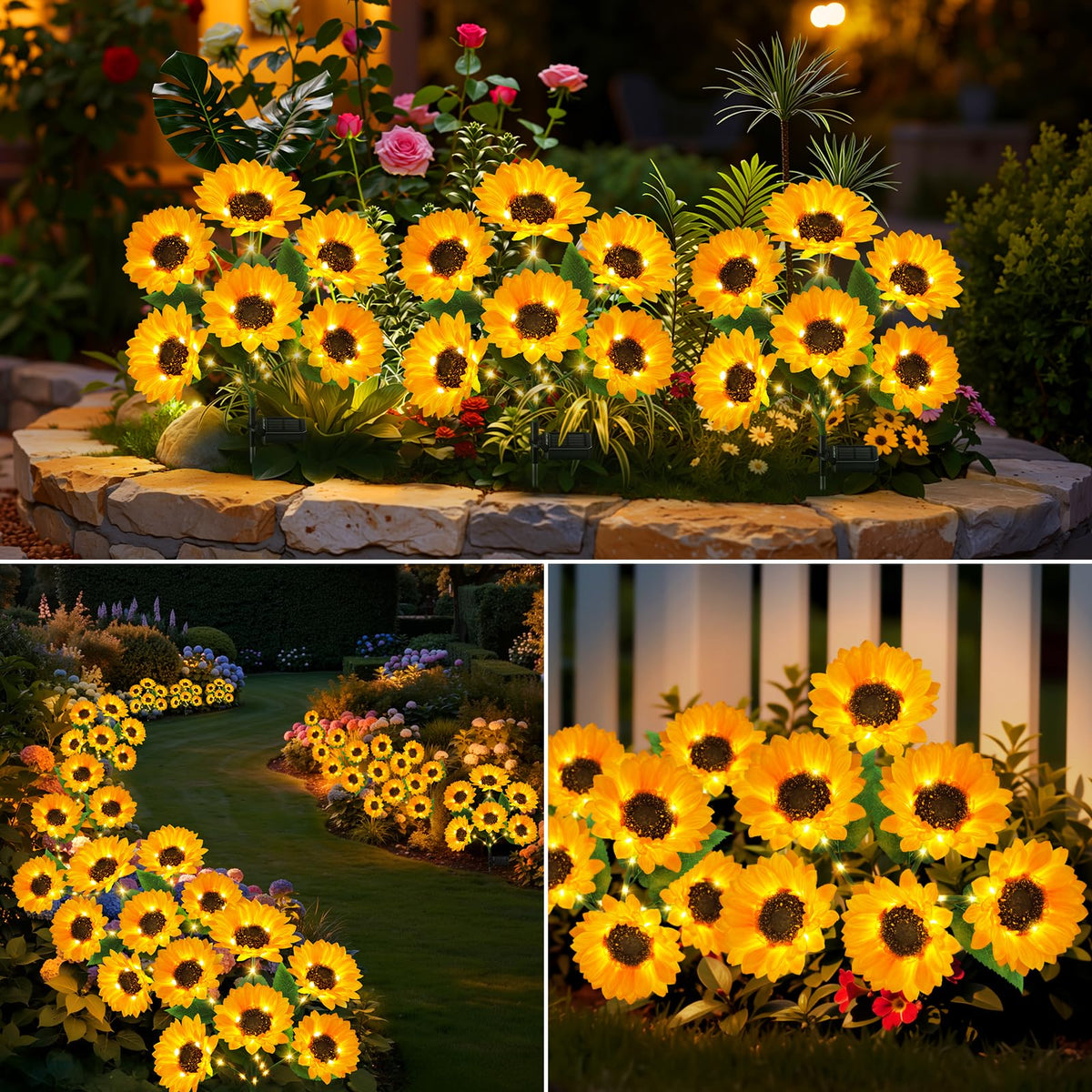 Ahaorigin solar sunflower night illumination enhances curb appeal after sunset.