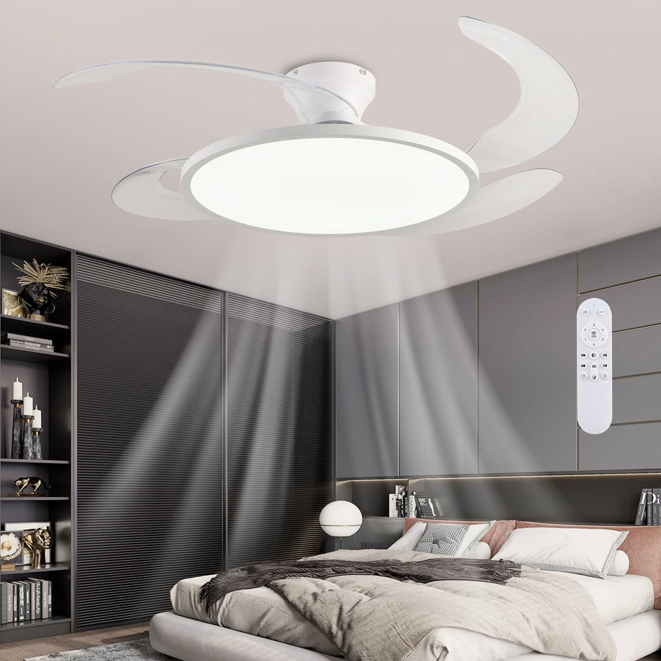 AHAWILL 48'' retractable ceiling fan with blades extended for powerful airflow in a modern room.