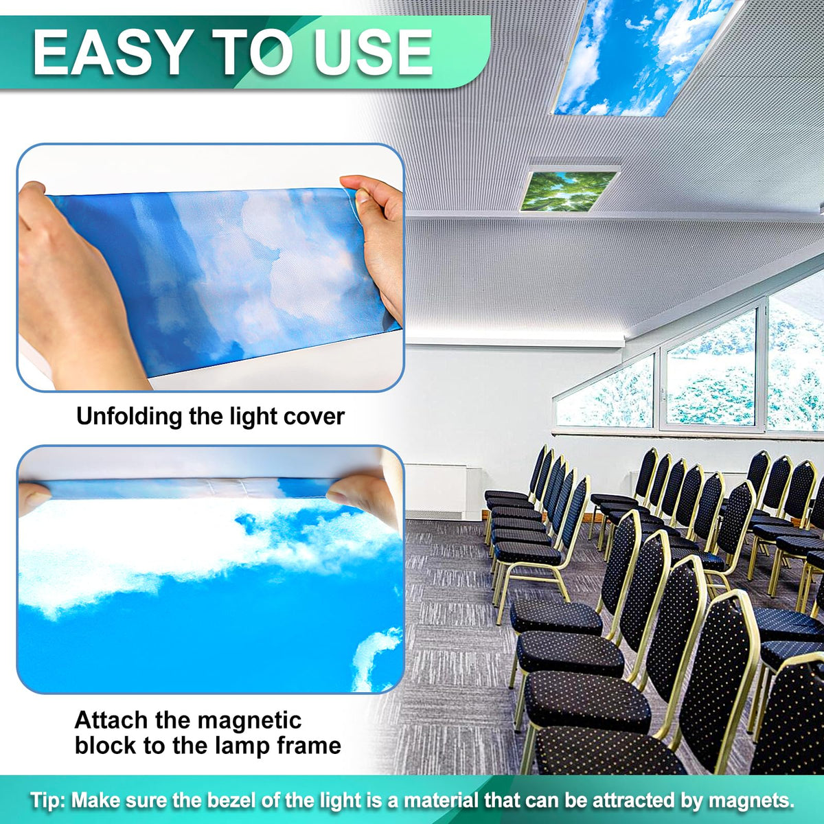Aheroi blue-sky-style fluorescent light cover supports focus with gentle color tones.
