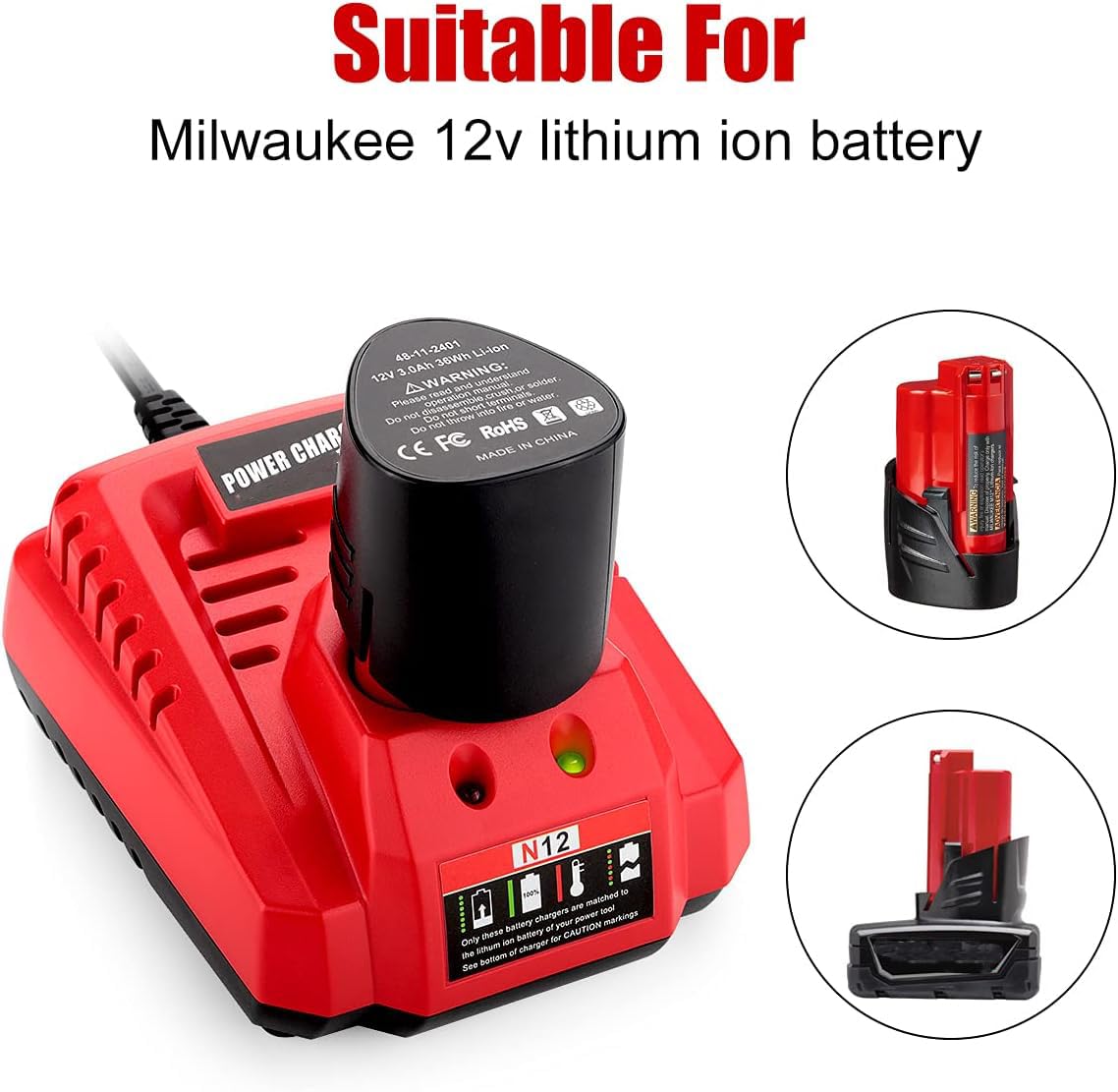 Ahomtikk charger LED indicator shows status and battery health.