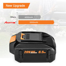 Ahomtikk 20V battery installed in Worx tool demonstrating quick swap.