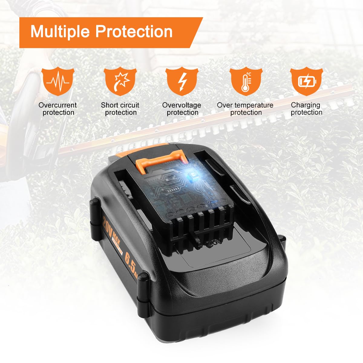 Ahomtikk 20V battery label closeup with capacity and safety marks.
