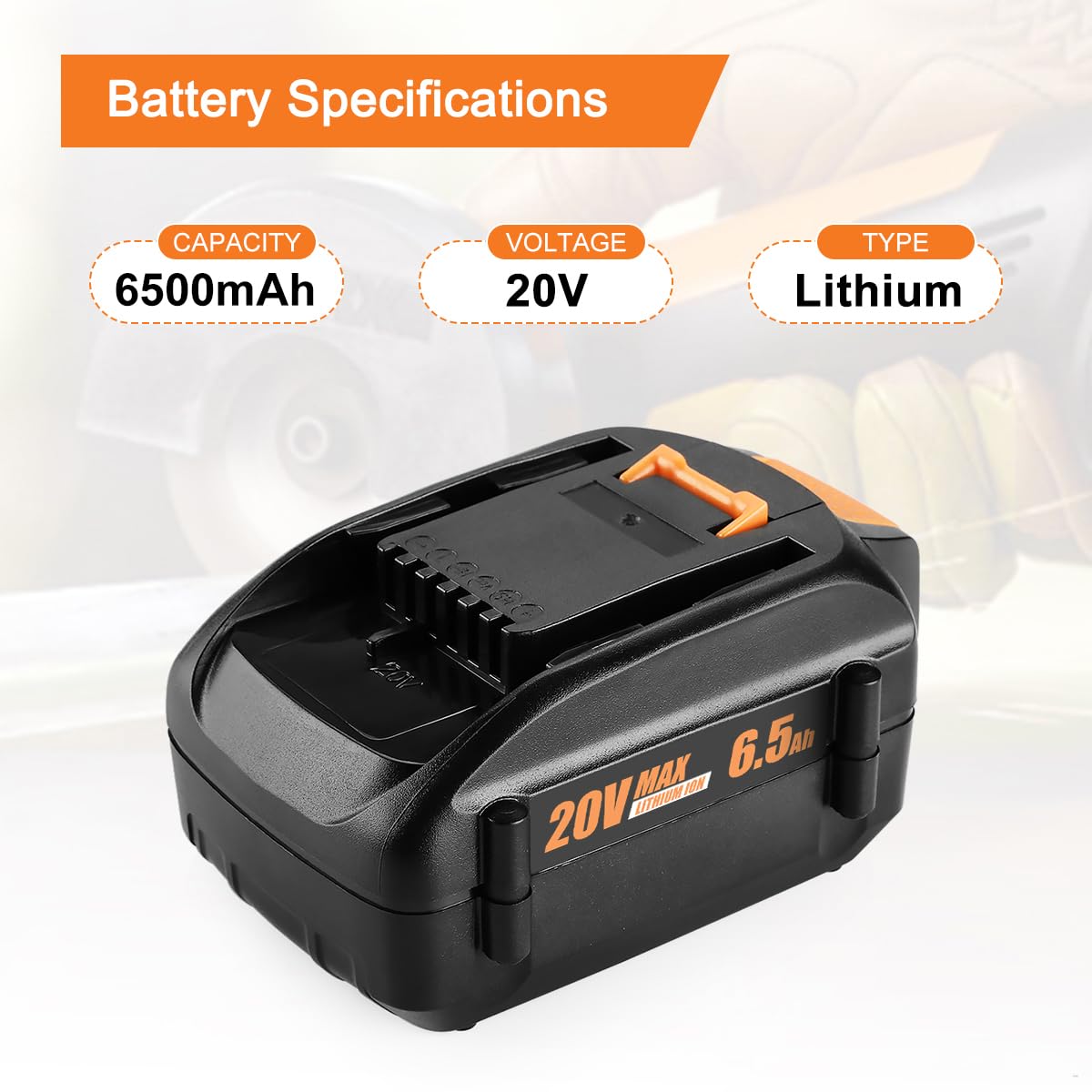 Ahomtikk 20V battery side view highlighting compact form for easy storage.