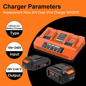 Ahomtikk 20V Worx battery charger with two slots powering two batteries simultaneously.