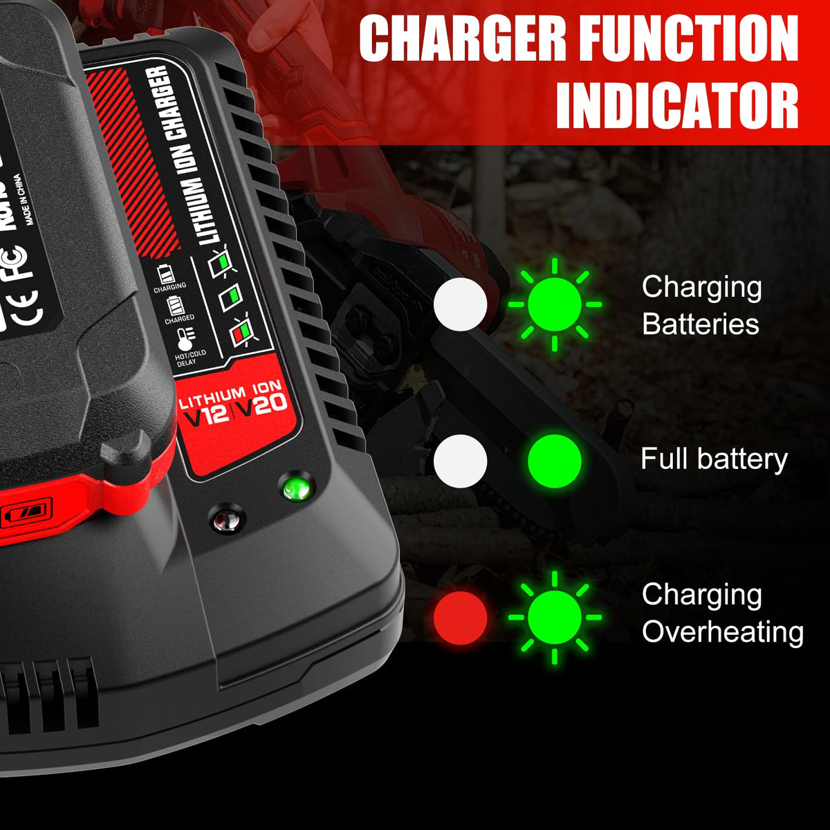 Ahomtikk CMCB104 20V charger compatibility with CMCB201-206 batteries.